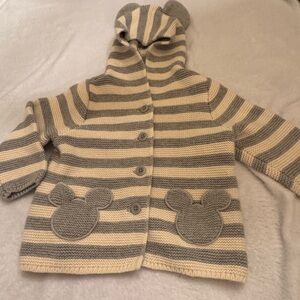 Gap Disney Striped Mickey Mouse Ears Hooded Sweater Knit Cardigan Sz 18-24 Month